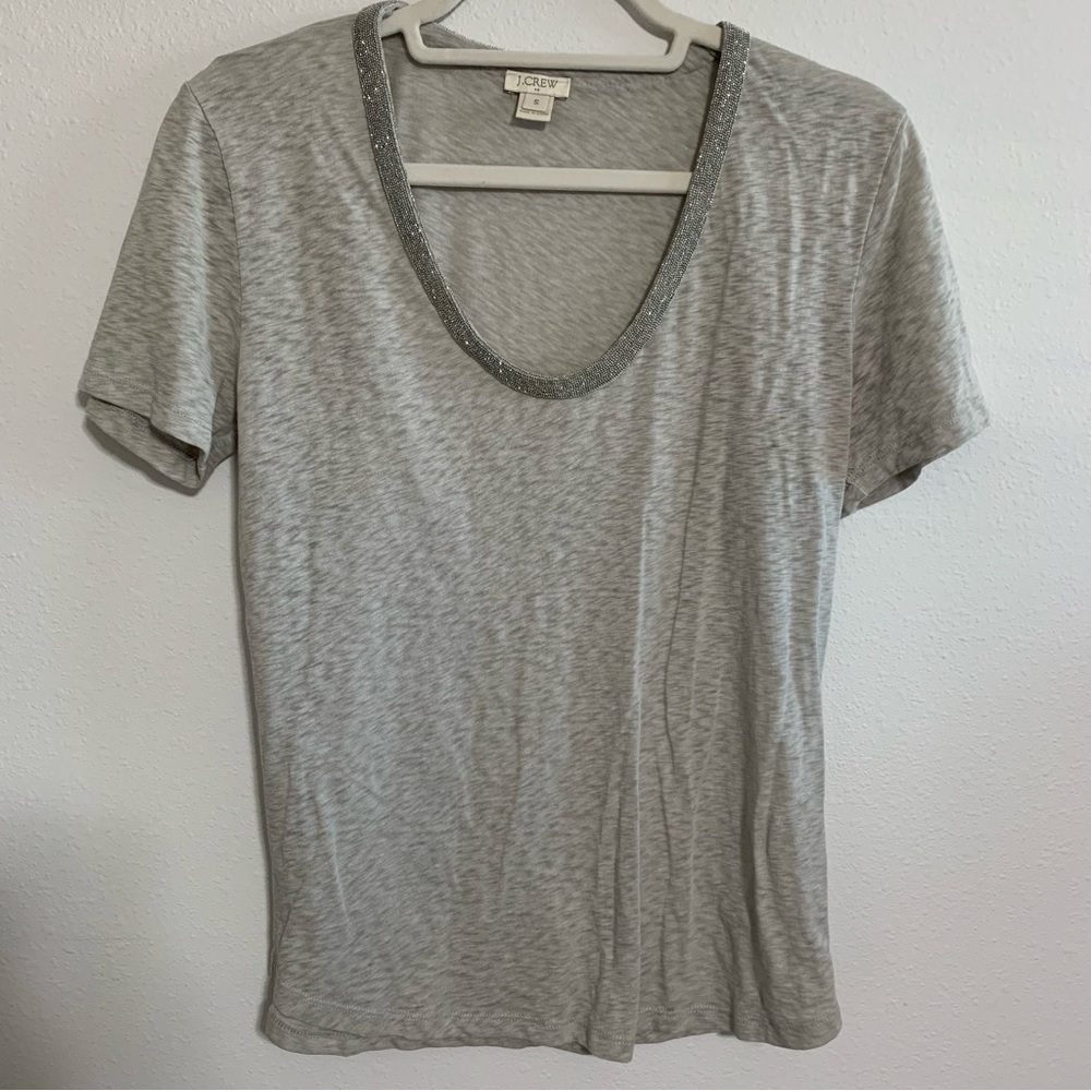 J. Crew Heather Gray Short Sleeve Tee Blouse with Silver Bead Accent Trim Small